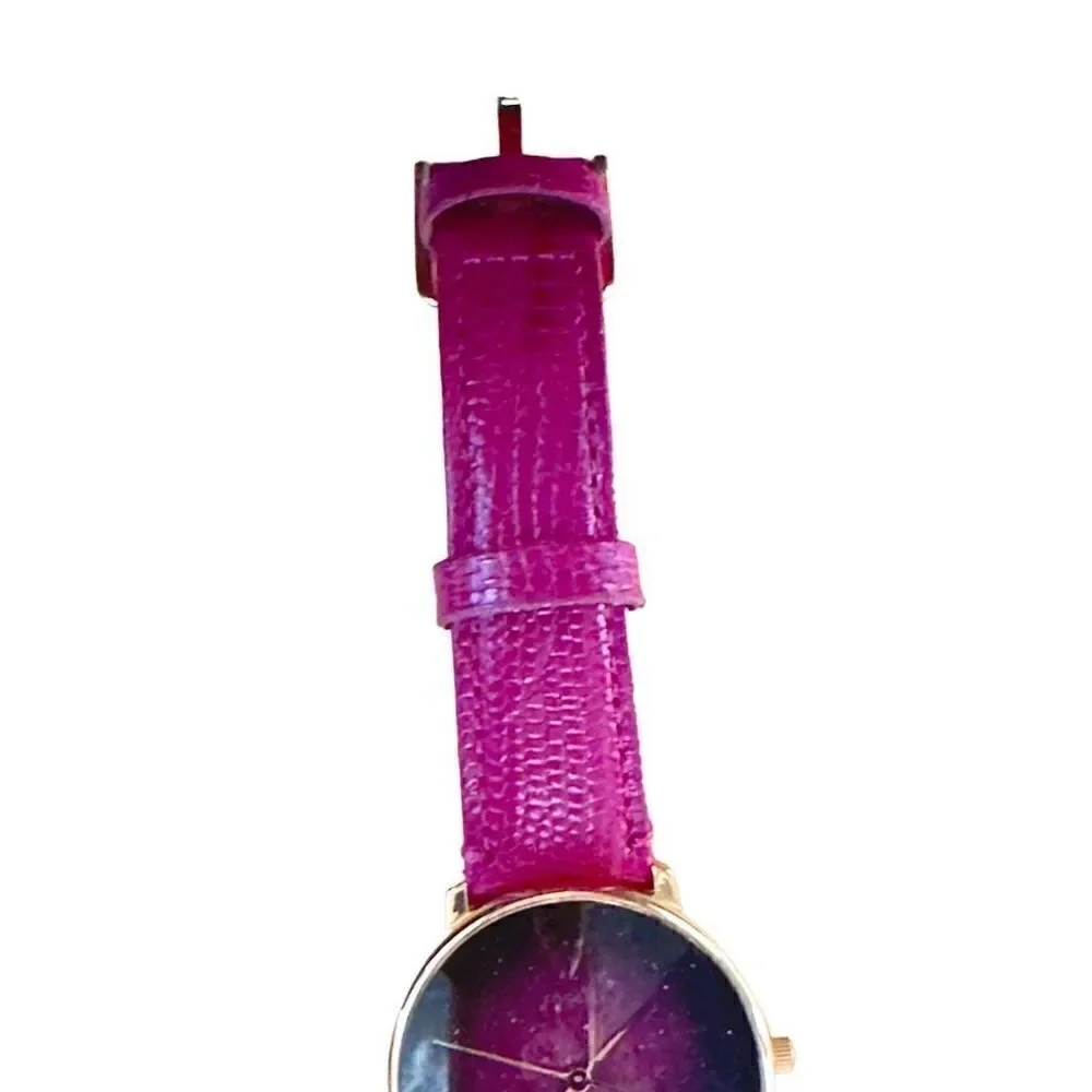 FOSSIL Prismatic Galaxy Three Hand Fuchsia Leather Band Raised Crystal Analog Wa - Picture 3 of 10